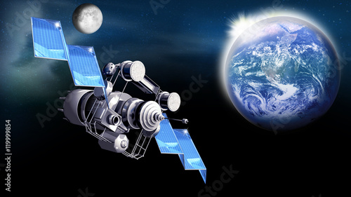 Satellit auf der Umlaufbahn im Weltall,  Erde und Mond © i-picture