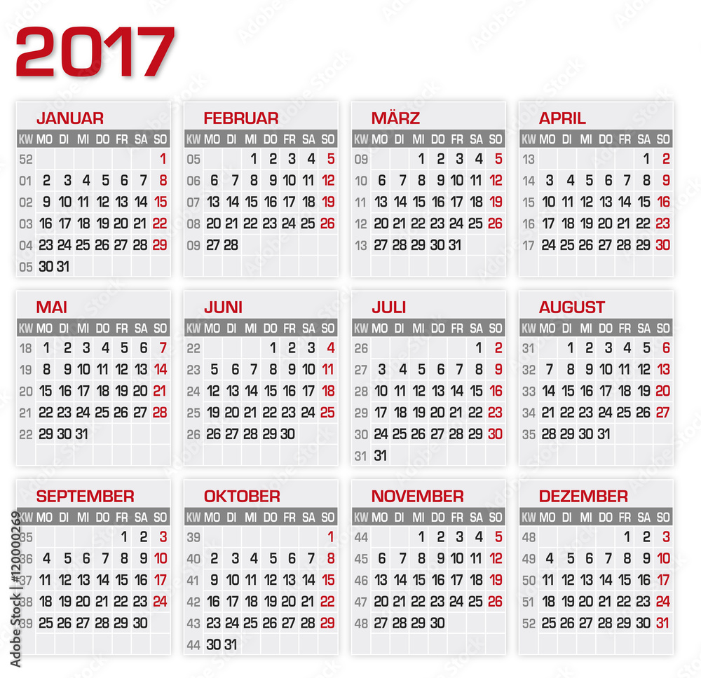 Kalender Kalendarium 2017 Stock-Vektorgrafik | Adobe Stock