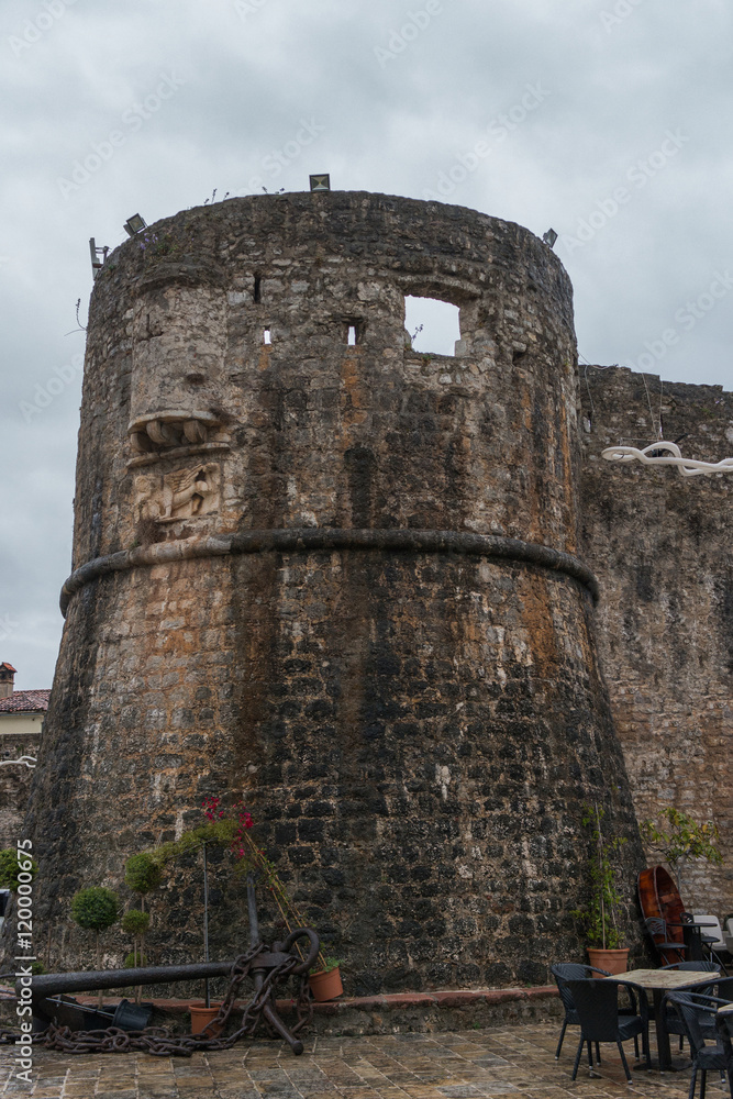 Corner tower of Budva old town citadel, Montenegro.