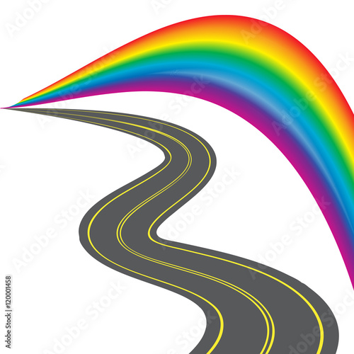 Road with yellow markings, receding into the distance. Colorful stylized rainbow. illustration