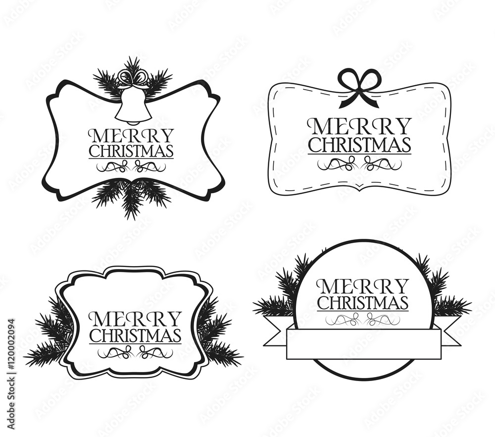 labels and frames with leaves. Merry christmas cards icon. Black and white design. Vector illustration