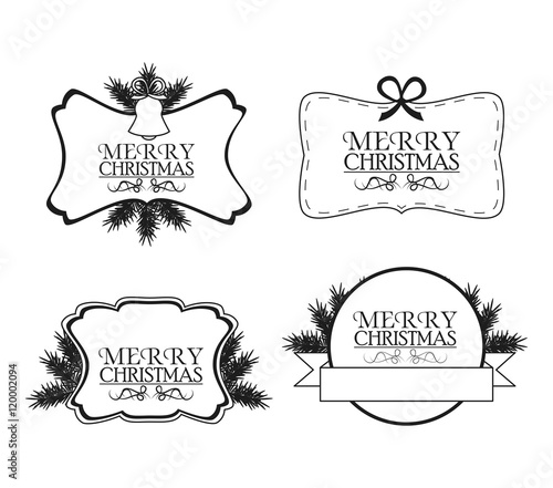 labels and frames with leaves. Merry christmas cards icon. Black and white design. Vector illustration