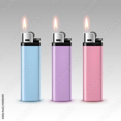 Set of Blue Purple Pink Plastic Lighters with Flame