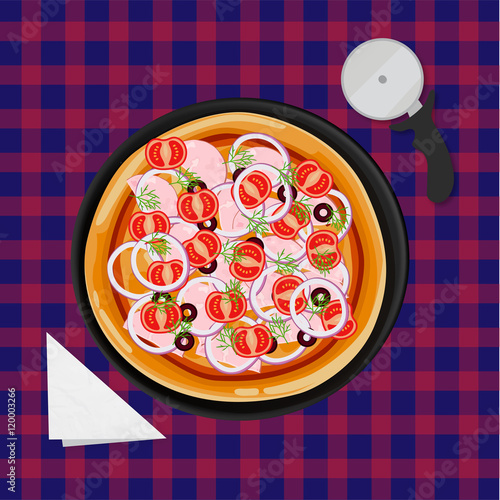 вкусная пицца с колбасой грибами и помидорами на кухонном столе