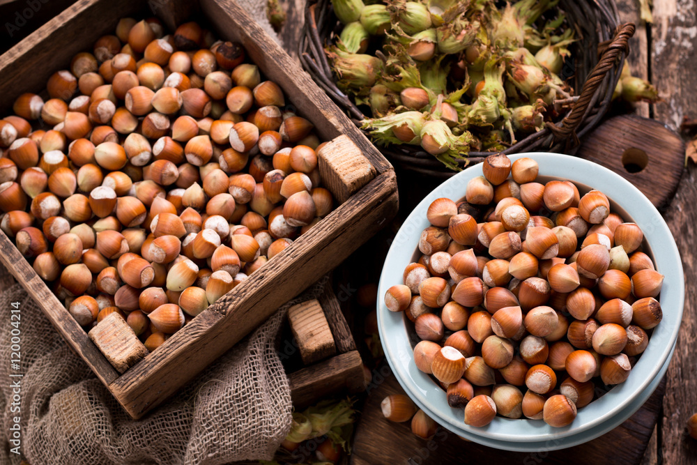 Hazelnuts on rustic wooden background,healthy food Hazelnuts on rustic wooden background,healthy food
