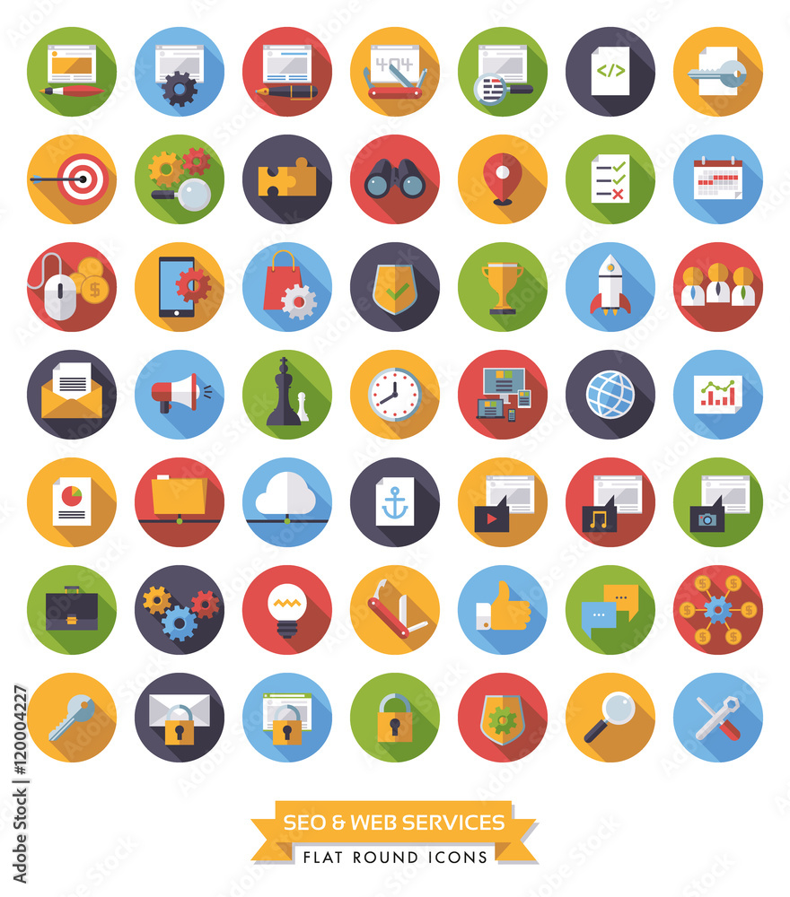SEO and Web Services Flat design long shadow round icon set SEO and Web Services Flat design long shadow round icon set