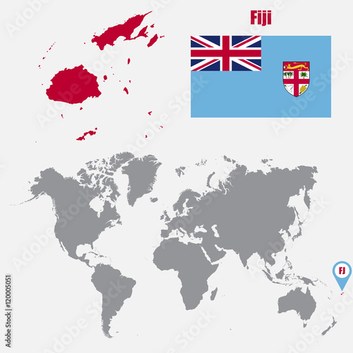 Fiji map on a world map with flag and map pointer. Vector illustration