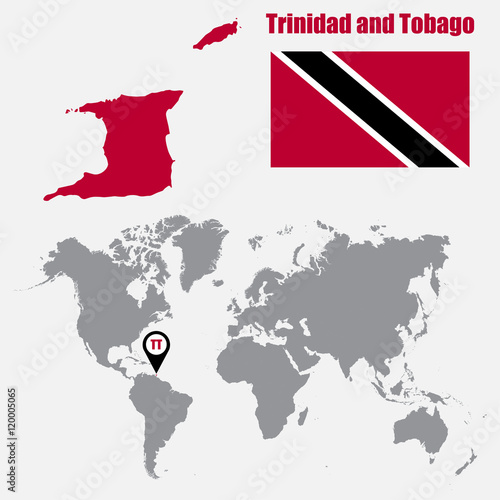 Trinidad and Tobago map on a world map with flag and map pointer. Vector illustration