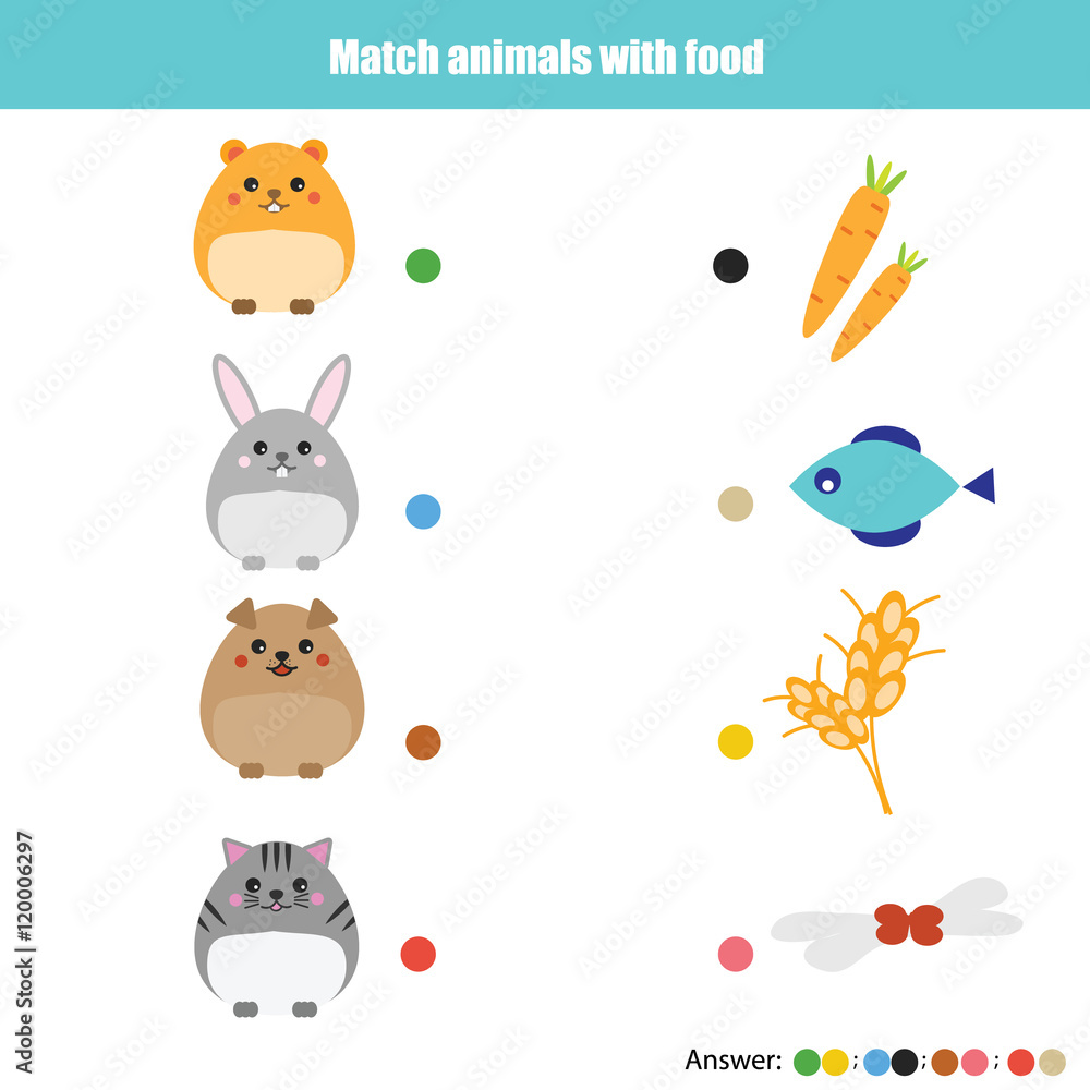 Matching children education game, kids activity. Match animals with food  Векторный объект Stock | Adobe Stock