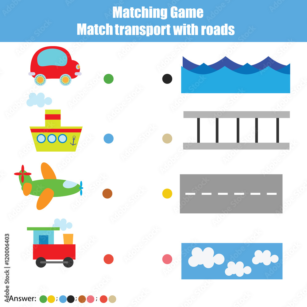 Matching children educational game, kids activity. Match transport with roads