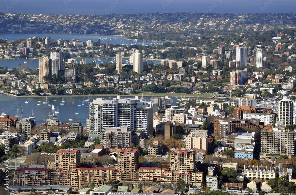 aerial view from the Sydney tower towards Woolloomooloo, Sydney, NSW Australia 