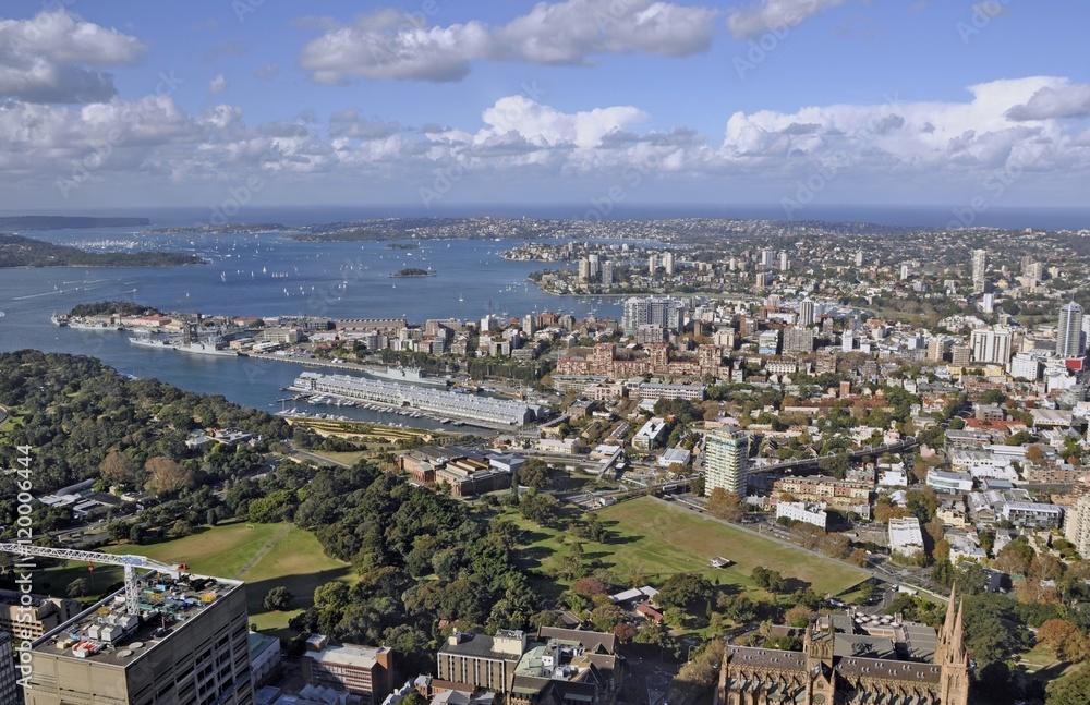 aerial view from the Sydney tower across the Royal Botanical Gardens towards Potts Point, Sydney, NSW Australia 