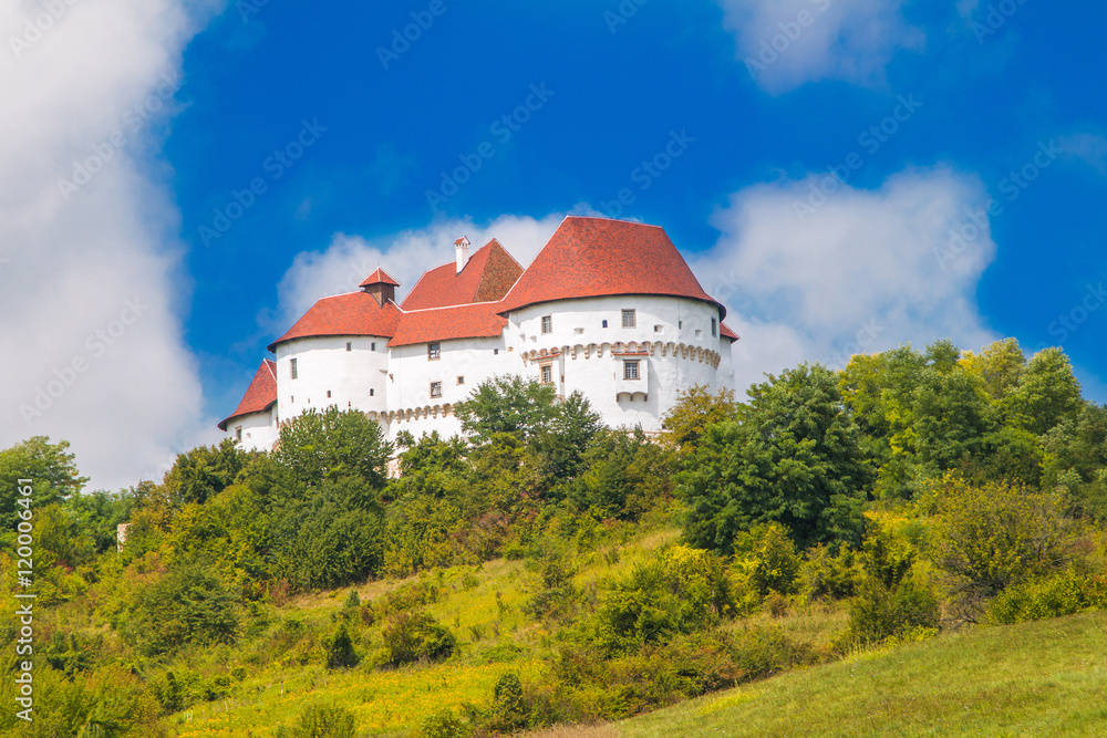      Countryside landscape in Zagorje, Croatia, with old castle Veliki Tabor on hill 