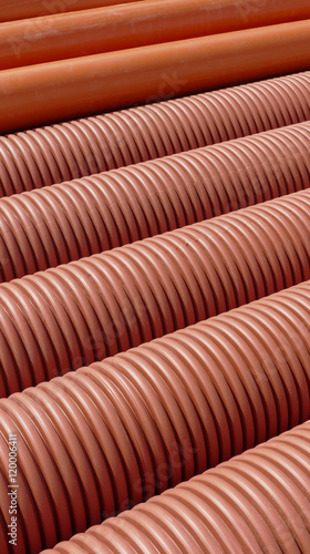 Heap of plastic ribbed tubes for drainage at construction site