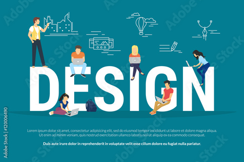 Design concept illustration of young people using laptops and computers for creating designs. Flat design of guys and young women standing near big letters on blue background