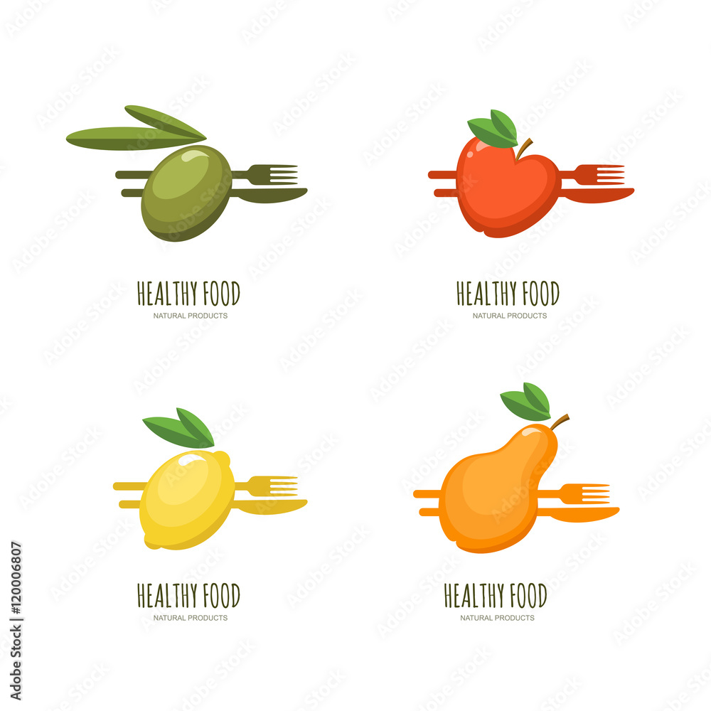 Set of vector healthy food logo, emblem, label design. Olive, apple, lemon, pear with fork and knife, isolated on white. Fresh farm, vegan foods, fruit market and diets concept. Set of vector healthy food logo, emblem, label design. Olive, apple, lemon, pear with fork and knife, isolated on white. Fresh farm, vegan foods, fruit market and diets concept.