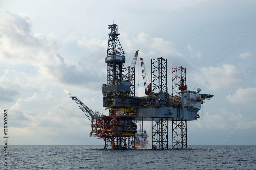 Offshore construction platform for production oil and gas, Oil and gas industry and hard work,Production platform and operation process by manual and auto function, oil and rig industry and operation.