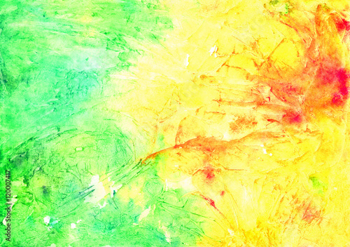 Hand painted watercolor background, abstract bright colors (yellow, green and red)