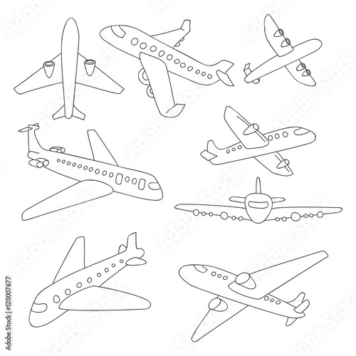 Set of doodle airplanes. Hand draw icons