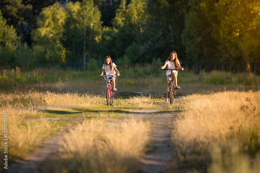 Toned image of two girls riding bicycles on meadow at sunset