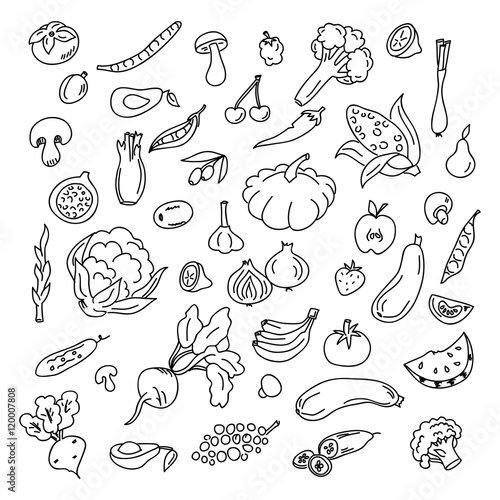 Set doodles elements vegetables and fruits. Vegetarian food