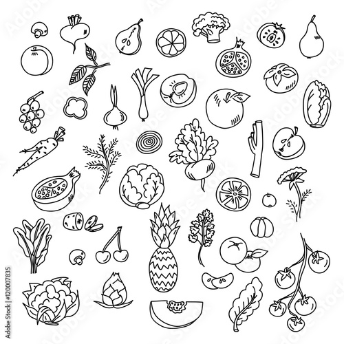 Fototapeta Naklejka Na Ścianę i Meble -  Set doodles elements vegetables and fruits. Vegetarian food