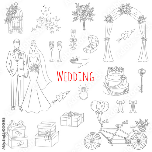 Vector set of hand drawn wedding icons bride, groom, wedding cake, bicycle, bouquet, ring, arch, gift box, birdcage isolated doodle sketch illustrations.