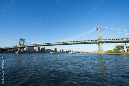 New York City skyline view from Brooklyn of the Manhattan Bridge with East River