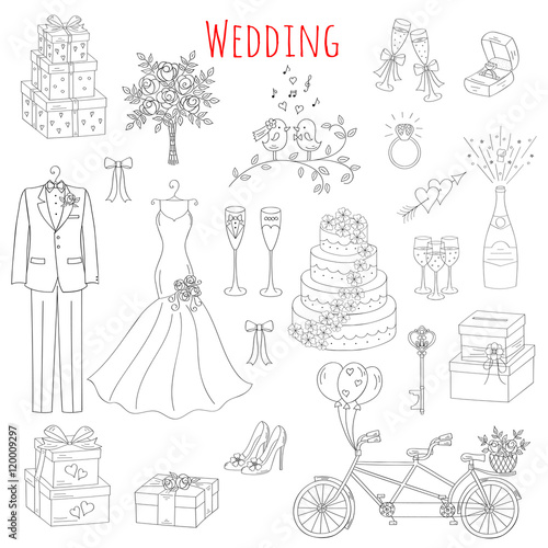 Vector set of hand drawn wedding icons bride, dress, groom, wedding cake, bicycle, bouquet,champagne, ring, gift box, birdcage isolated doodle sketch illustrations.