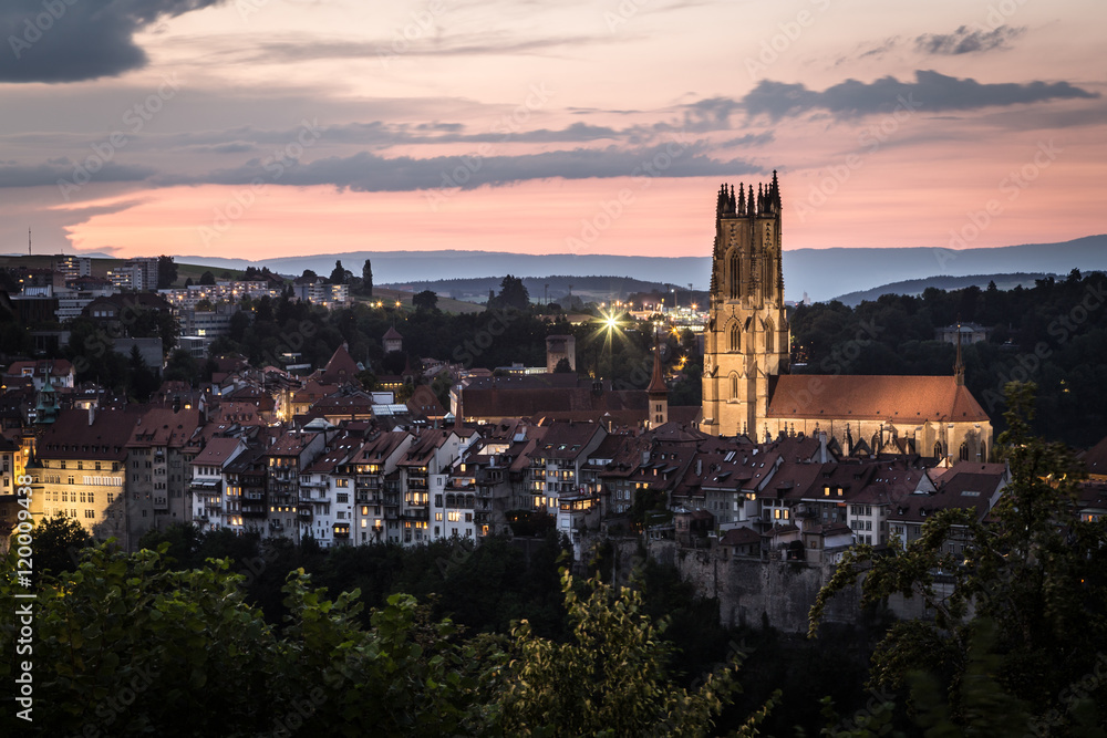 Sunset over Fribourg old town