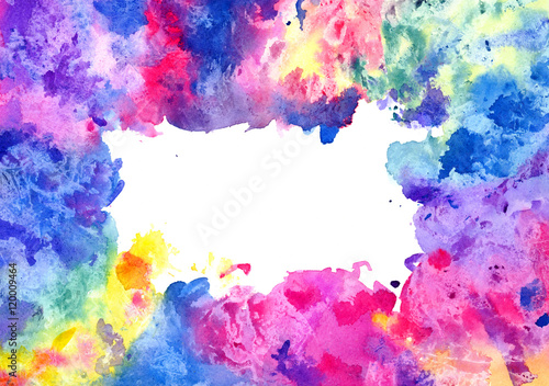 Hand painted watercolor background, abstract bright colors (mixed colors, pink, blue, yellow, green and red splashes)