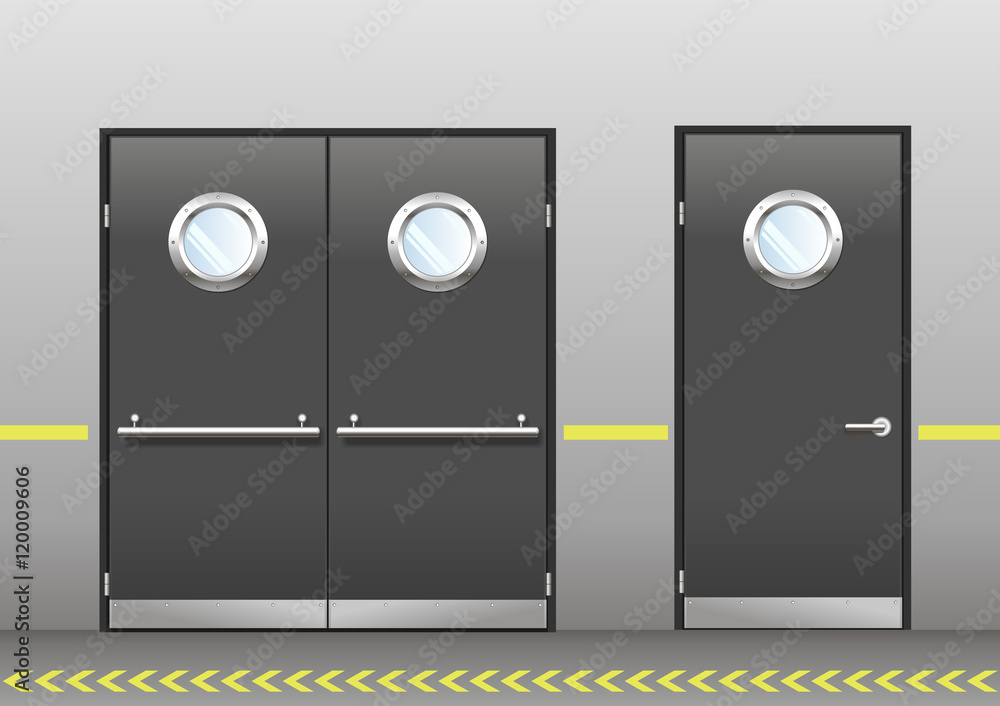 Vektorová grafika „A set of technical laboratory door, hospitals, schools,  food production or storage facilities with round windows. A double and a  single door in vector graphics. Doors dark gray color on