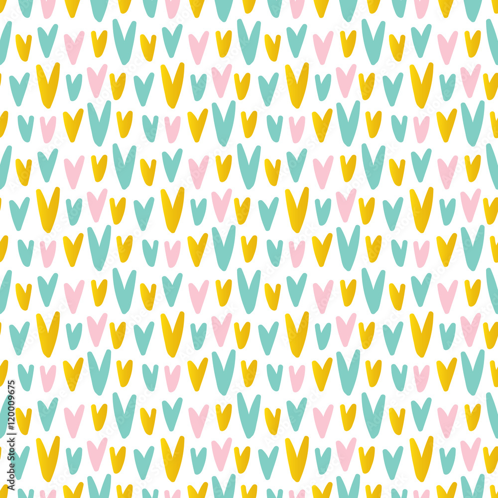 Cute pink, mint green and gold abstract hand drawn hearts seamless pattern background.