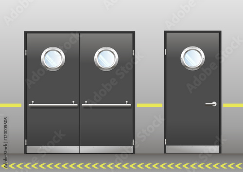 A set of technical laboratory door, hospitals, schools, food production or storage facilities with round windows. A double and a single door in vector graphics. Doors dark gray color on the wall