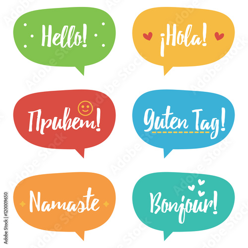Cute colorful doodle speech bubble set, collection with word hello in different languages.