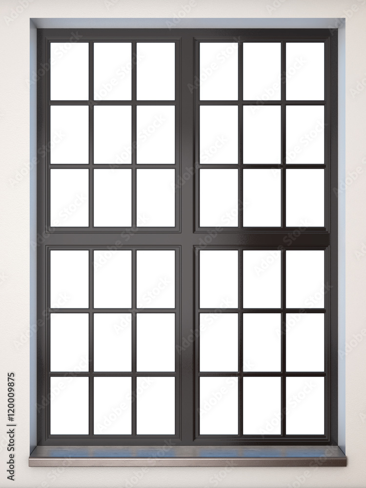 Black window closeup. Front view. 3d rendering Black window closeup. Front view. 3d rendering