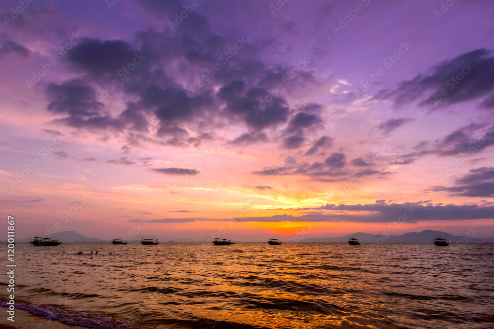 Fototapeta premium Sea fishing boat sunset scenery 