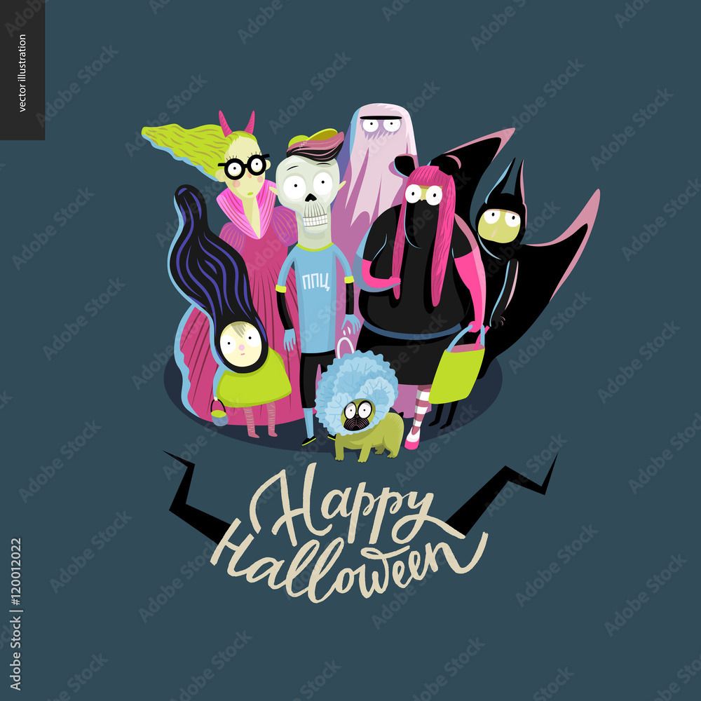 Fototapeta premium Happy Halloween greeting card with lettering. Vector cartoon illustrated group of kids wearing Halloween costumes and a french bulldog, scared by something.