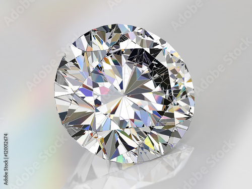 Diamond on gray background with soft reflection  3d illustration. 