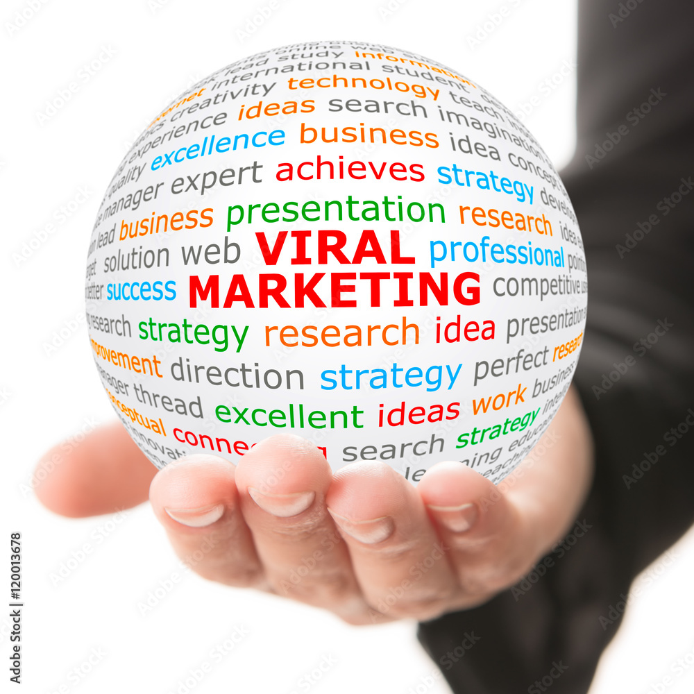 Viral Marketing. Hand take white ball with wordcloud and Viral Marketing words in red color. Viral Marketing. Hand take white ball with wordcloud and Viral Marketing words in red color.