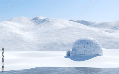 Igloo isolated in snowfield with lake and snowy mountain, Arctic landscape scene © G3D Studio