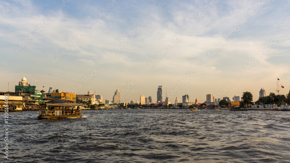 View of Bangkok skyline over Chao Phraya River in Bangkok, Thail