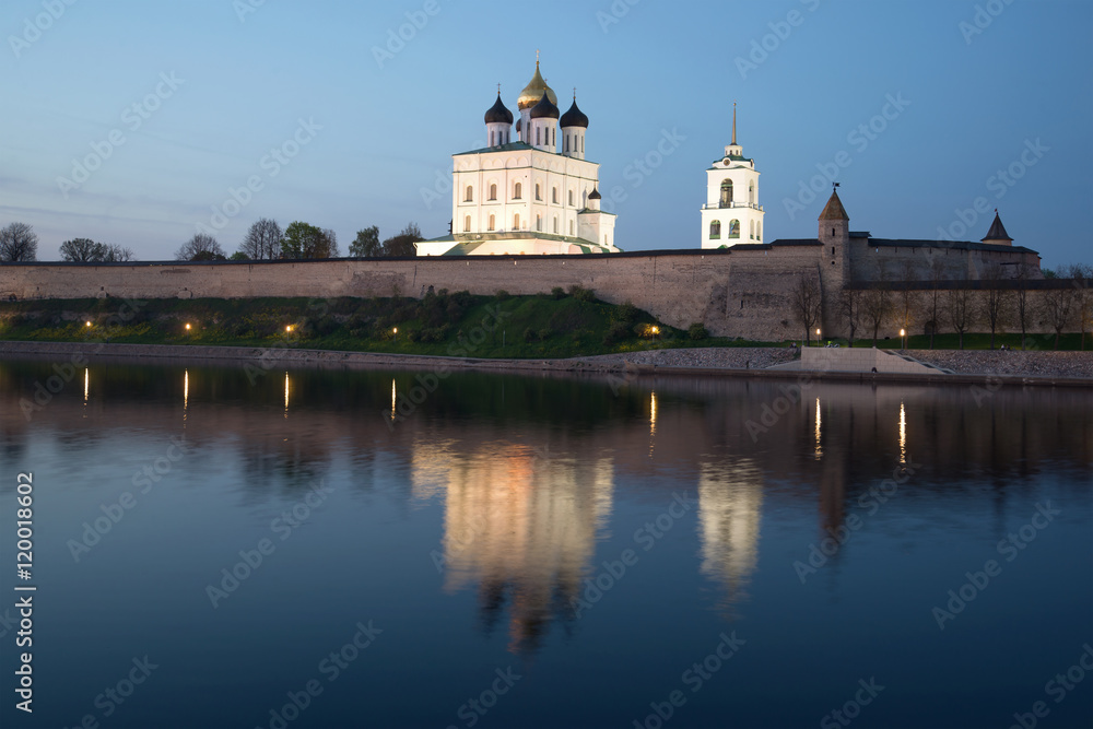Holy Trinity Cathedral and the Pskov Kremlin of the may twilight. Russia