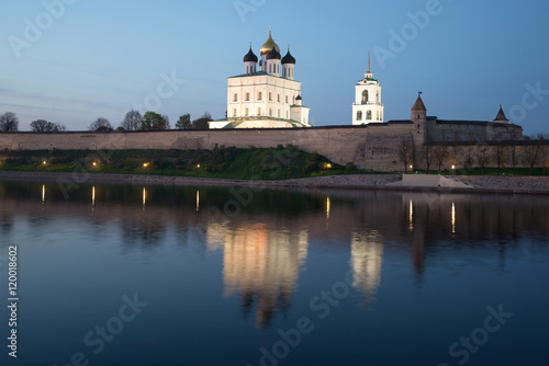 Holy Trinity Cathedral and the Pskov Kremlin of the may twilight. Russia
