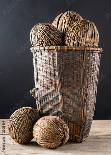 dry Cerbera oddloam's seed with basket ( Pong-pong, Othalanga, suicide tree ) it's poisonous plant but the dried people like to use for grow the other plant or handicraft and decoration photo