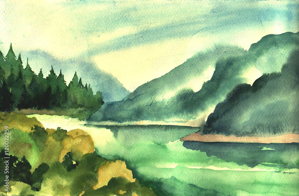 Obraz Akwarela góry, rzeka i drzewa.
