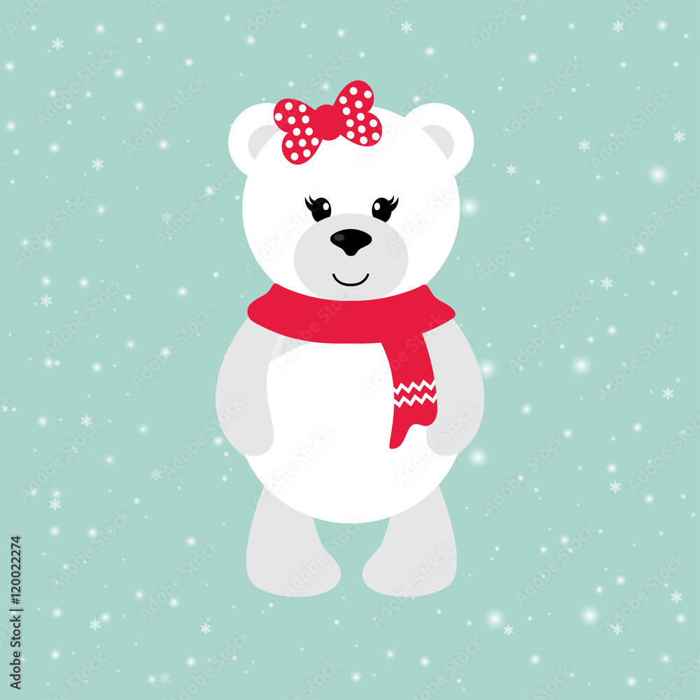 cartoon winter bear with a scarf and bow