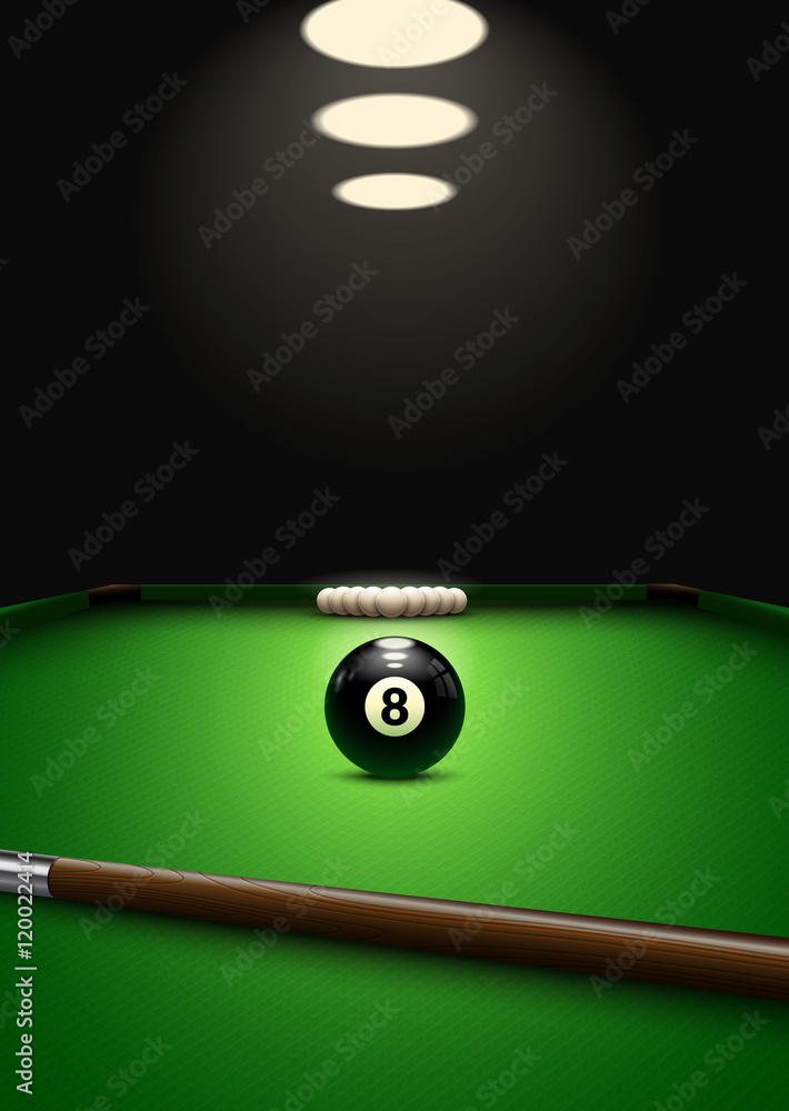 Billiard game background. Balls and que on the billiard table. Perspective  view. Snooker poster design. Eps10 vector. Stock Vector | Adobe Stock