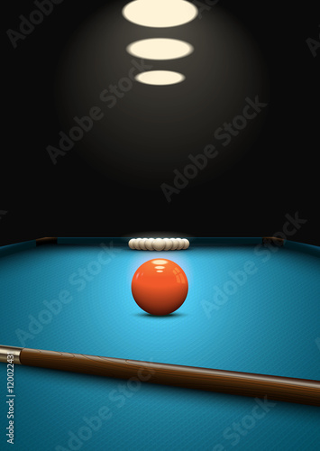 Billiard game background. Balls and que on the billiard table. Perspective view. Snooker poster design. Eps10 vector.