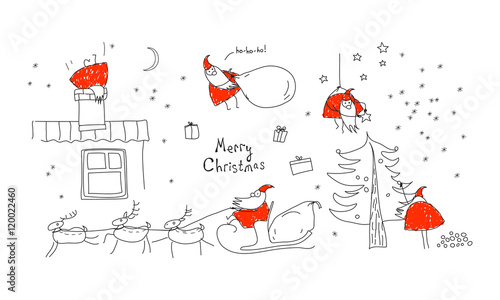 A set scenes with Santa Claus. Merry christmas, collection. Xmas sketch. Hand-drawn elements for New Year's design. Graphic illustration in red, black and white colors.  